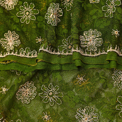 Indian Vintage Heavy Dupatta Green Net Mesh Long Stole Hand Embroidered Scarves Zardozi/Dabka Zari Sequins Wedding Hijab Veil