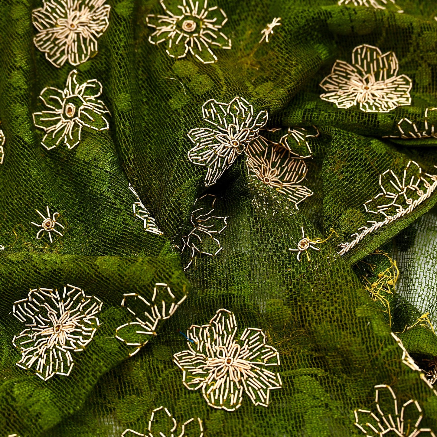 Indian Vintage Heavy Dupatta Green Net Mesh Long Stole Hand Embroidered Scarves Zardozi/Dabka Zari Sequins Wedding Hijab Veil