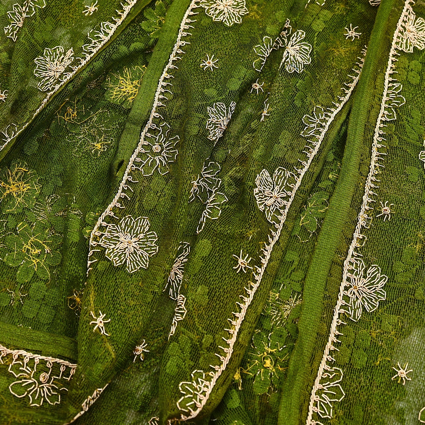 Indian Vintage Heavy Dupatta Green Net Mesh Long Stole Hand Embroidered Scarves Zardozi/Dabka Zari Sequins Wedding Hijab Veil