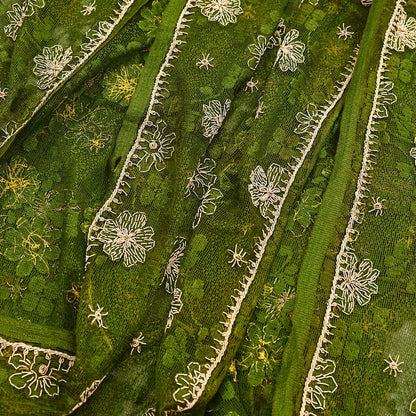 Indian Vintage Heavy Dupatta Green Net Mesh Long Stole Hand Embroidered Scarves Zardozi/Dabka Zari Sequins Wedding Hijab Veil