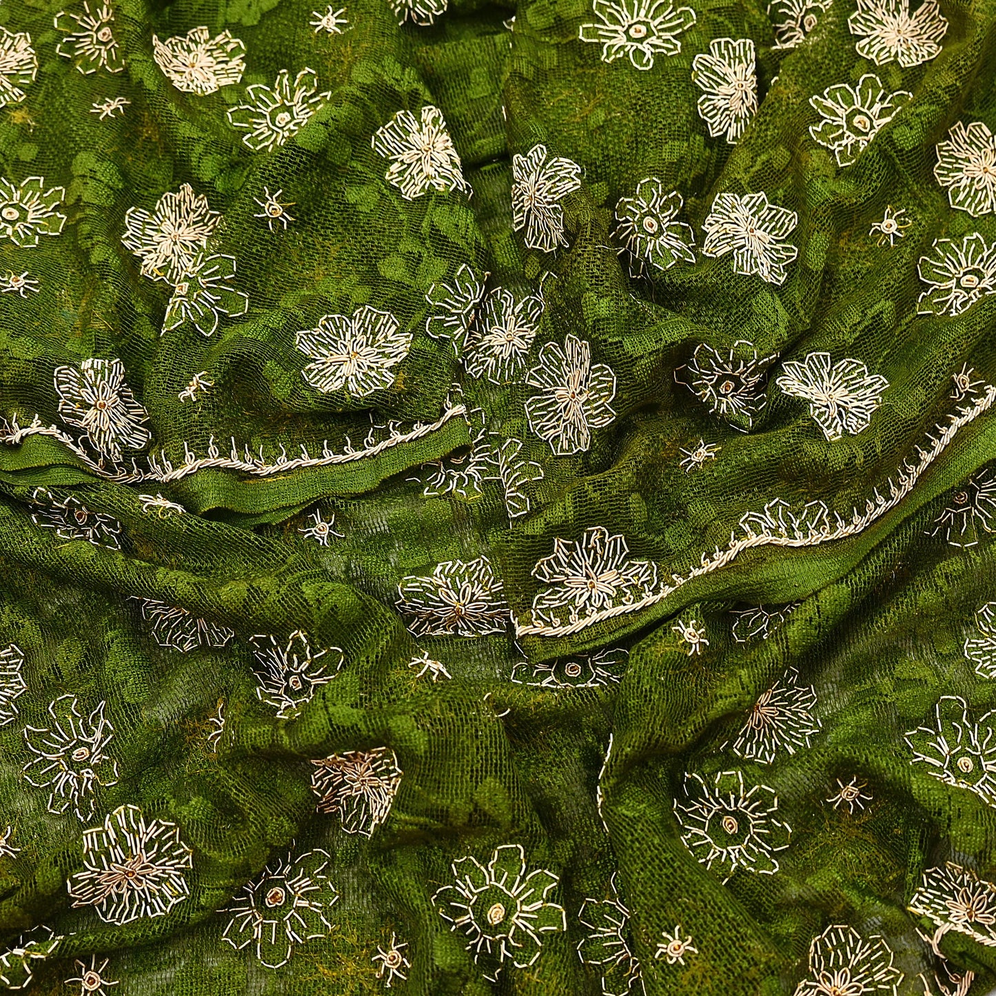 Indian Vintage Heavy Dupatta Green Net Mesh Long Stole Hand Embroidered Scarves Zardozi/Dabka Zari Sequins Wedding Hijab Veil