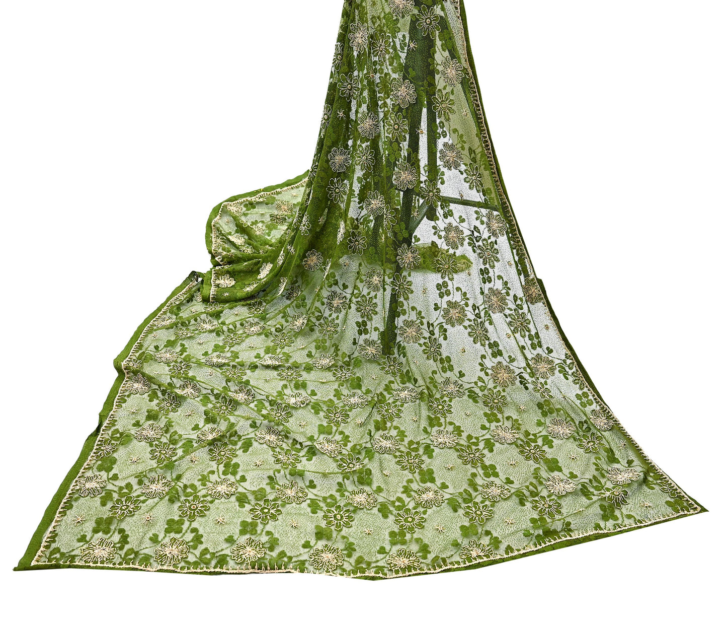 Indian Vintage Heavy Dupatta Green Net Mesh Long Stole Hand Embroidered Scarves Zardozi/Dabka Zari Sequins Wedding Hijab Veil