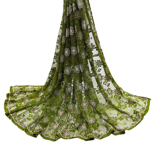 Indian Vintage Heavy Dupatta Green Net Mesh Long Stole Hand Embroidered Scarves Zardozi/Dabka Zari Sequins Wedding Hijab Veil