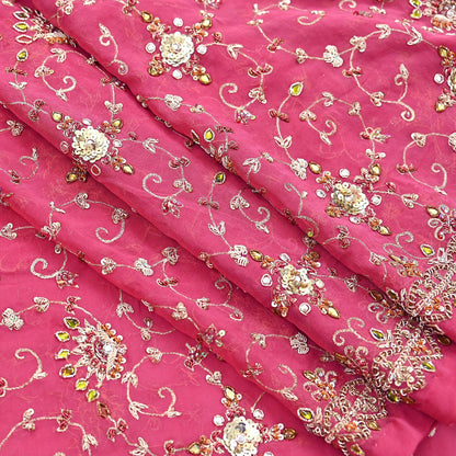 Indian Vintage Heavy Pink Bridal Dupatta Pure Georgette Silk Hand Embroidered Zardozi, Dabka, Zari Work Party Wear Long Stole