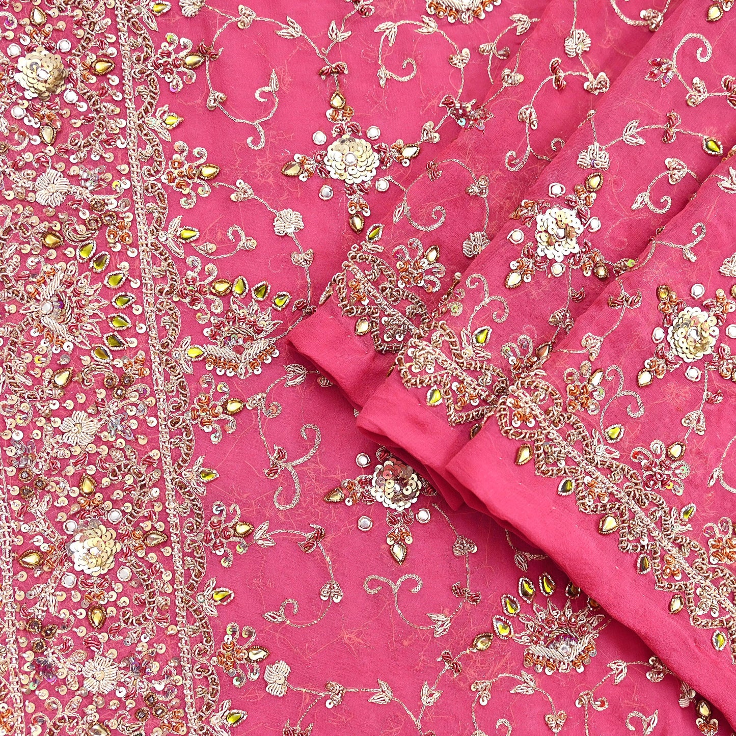 Indian Vintage Heavy Pink Bridal Dupatta Pure Georgette Silk Hand Embroidered Zardozi, Dabka, Zari Work Party Wear Long Stole