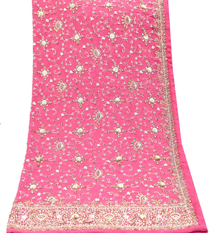 Indian Vintage Heavy Pink Bridal Dupatta Pure Georgette Silk Hand Embroidered Zardozi, Dabka, Zari Work Party Wear Long Stole
