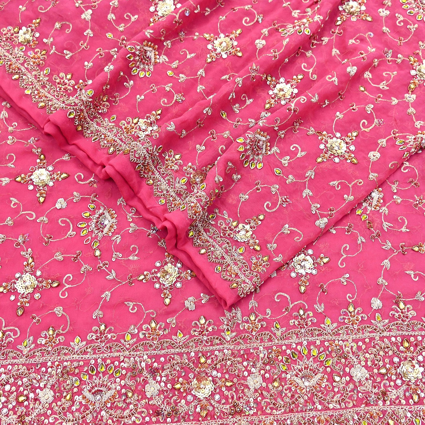 Indian Vintage Heavy Pink Bridal Dupatta Pure Georgette Silk Hand Embroidered Zardozi, Dabka, Zari Work Party Wear Long Stole