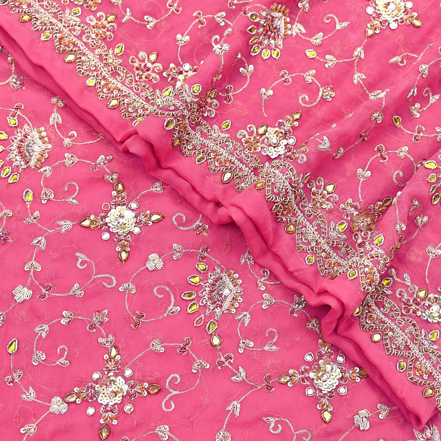 Indian Vintage Heavy Pink Bridal Dupatta Pure Georgette Silk Hand Embroidered Zardozi, Dabka, Zari Work Party Wear Long Stole