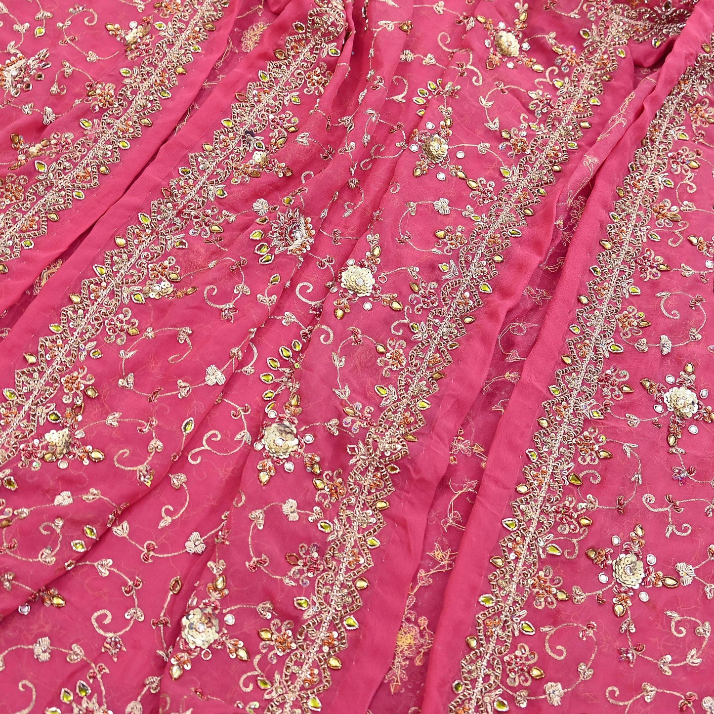 Indian Vintage Heavy Pink Bridal Dupatta Pure Georgette Silk Hand Embroidered Zardozi, Dabka, Zari Work Party Wear Long Stole