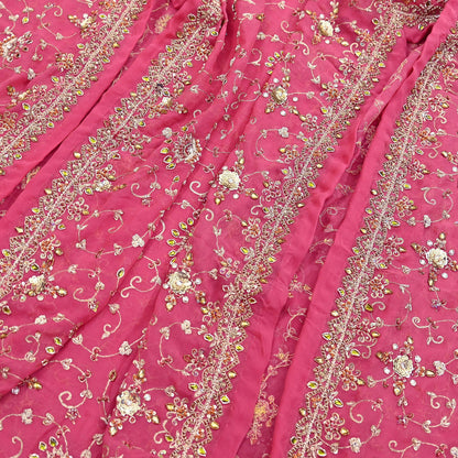 Indian Vintage Heavy Pink Bridal Dupatta Pure Georgette Silk Hand Embroidered Zardozi, Dabka, Zari Work Party Wear Long Stole
