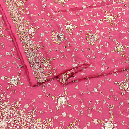 Indian Vintage Heavy Pink Bridal Dupatta Pure Georgette Silk Hand Embroidered Zardozi, Dabka, Zari Work Party Wear Long Stole
