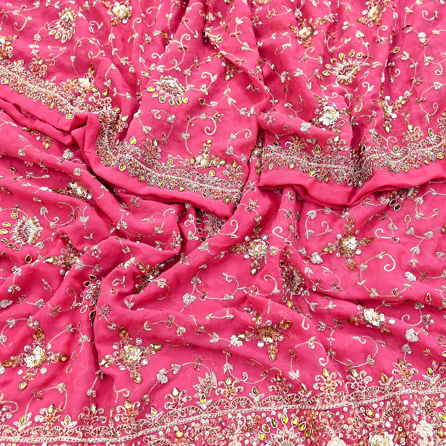 Indian Vintage Heavy Pink Bridal Dupatta Pure Georgette Silk Hand Embroidered Zardozi, Dabka, Zari Work Party Wear Long Stole