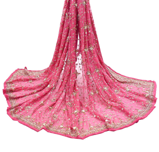 Indian Vintage Heavy Pink Bridal Dupatta Pure Georgette Silk Hand Embroidered Zardozi, Dabka, Zari Work Party Wear Long Stole