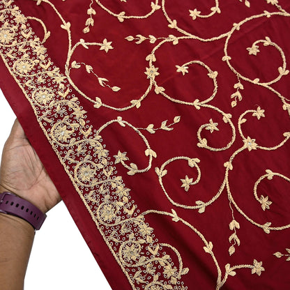 Indian Vintage Heavy Maroon Dupatta Pure Crepe Silk Long Stole Hand Embroidered Scarves Dabka Zardozi Zari Scarves Wedding/ Bridal Veil