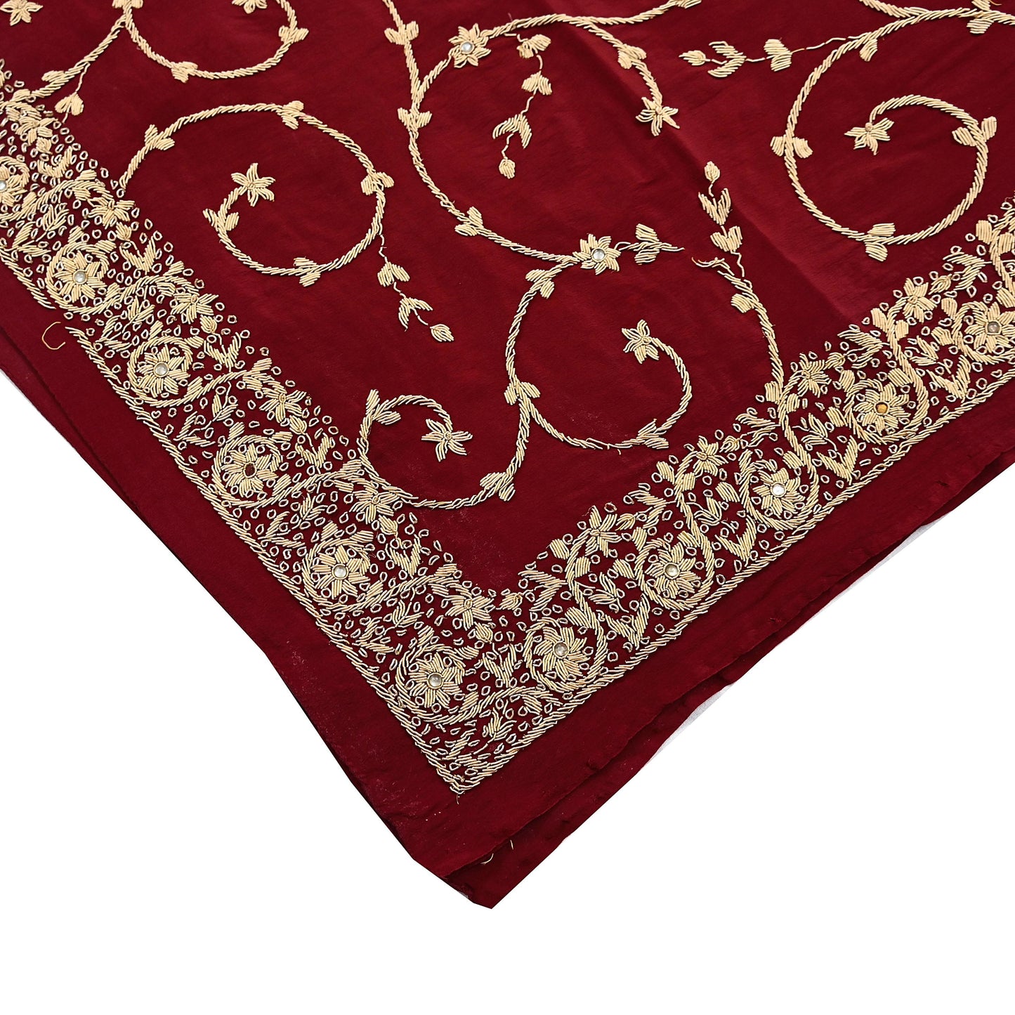 Indian Vintage Heavy Maroon Dupatta Pure Crepe Silk Long Stole Hand Embroidered Scarves Dabka Zardozi Zari Scarves Wedding/ Bridal Veil