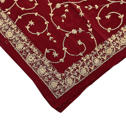 Indian Vintage Heavy Maroon Dupatta Pure Crepe Silk Long Stole Hand Embroidered Scarves Dabka Zardozi Zari Scarves Wedding/ Bridal Veil