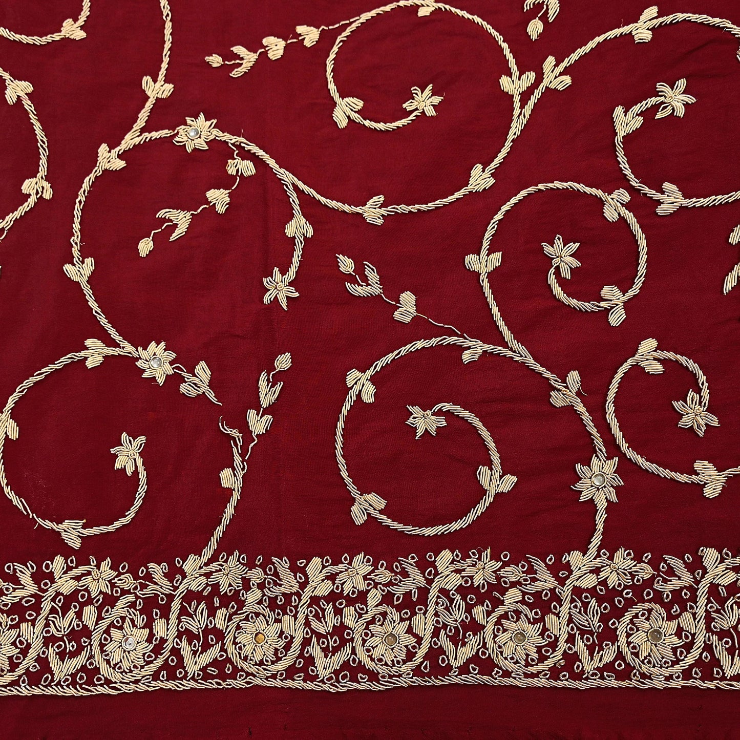 Indian Vintage Heavy Maroon Dupatta Pure Crepe Silk Long Stole Hand Embroidered Scarves Dabka Zardozi Zari Scarves Wedding/ Bridal Veil