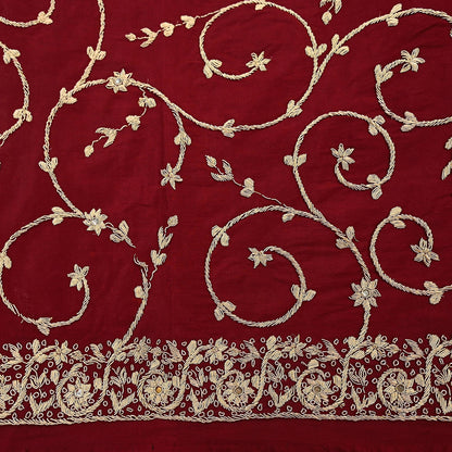 Indian Vintage Heavy Maroon Dupatta Pure Crepe Silk Long Stole Hand Embroidered Scarves Dabka Zardozi Zari Scarves Wedding/ Bridal Veil