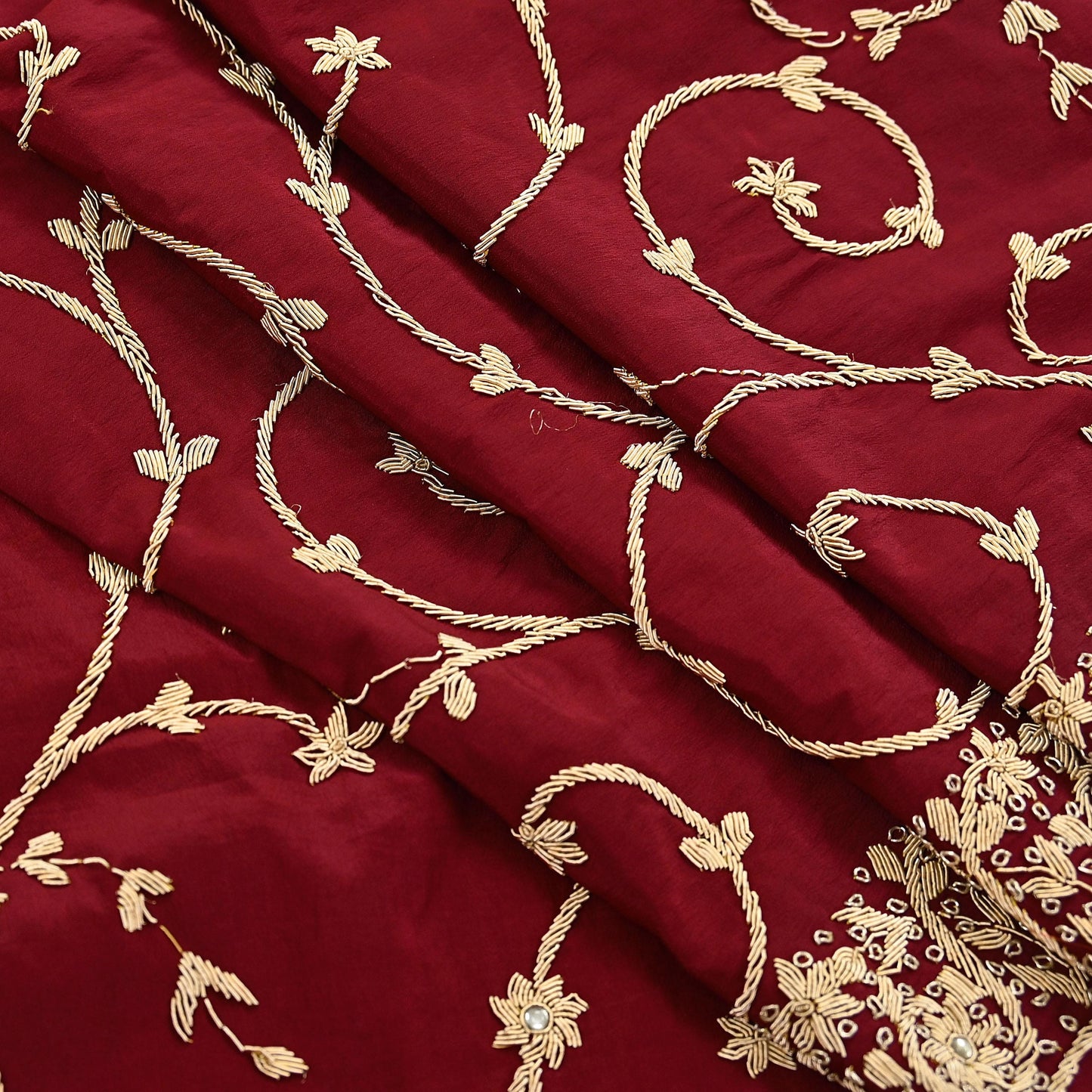 Indian Vintage Heavy Maroon Dupatta Pure Crepe Silk Long Stole Hand Embroidered Scarves Dabka Zardozi Zari Scarves Wedding/ Bridal Veil