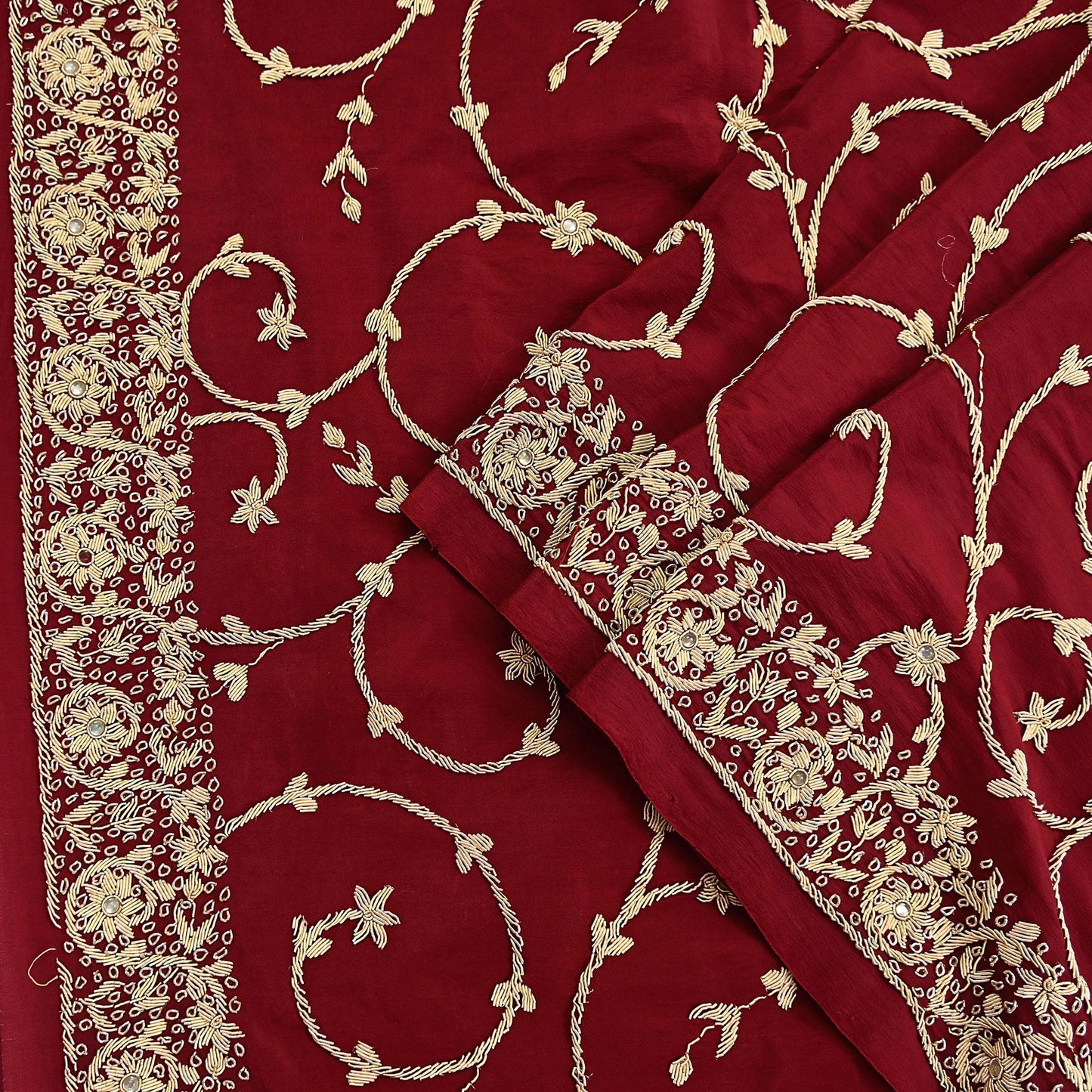 Indian Vintage Heavy Maroon Dupatta Pure Crepe Silk Long Stole Hand Embroidered Scarves Dabka Zardozi Zari Scarves Wedding/ Bridal Veil