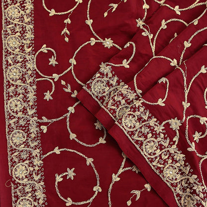 Indian Vintage Heavy Maroon Dupatta Pure Crepe Silk Long Stole Hand Embroidered Scarves Dabka Zardozi Zari Scarves Wedding/ Bridal Veil