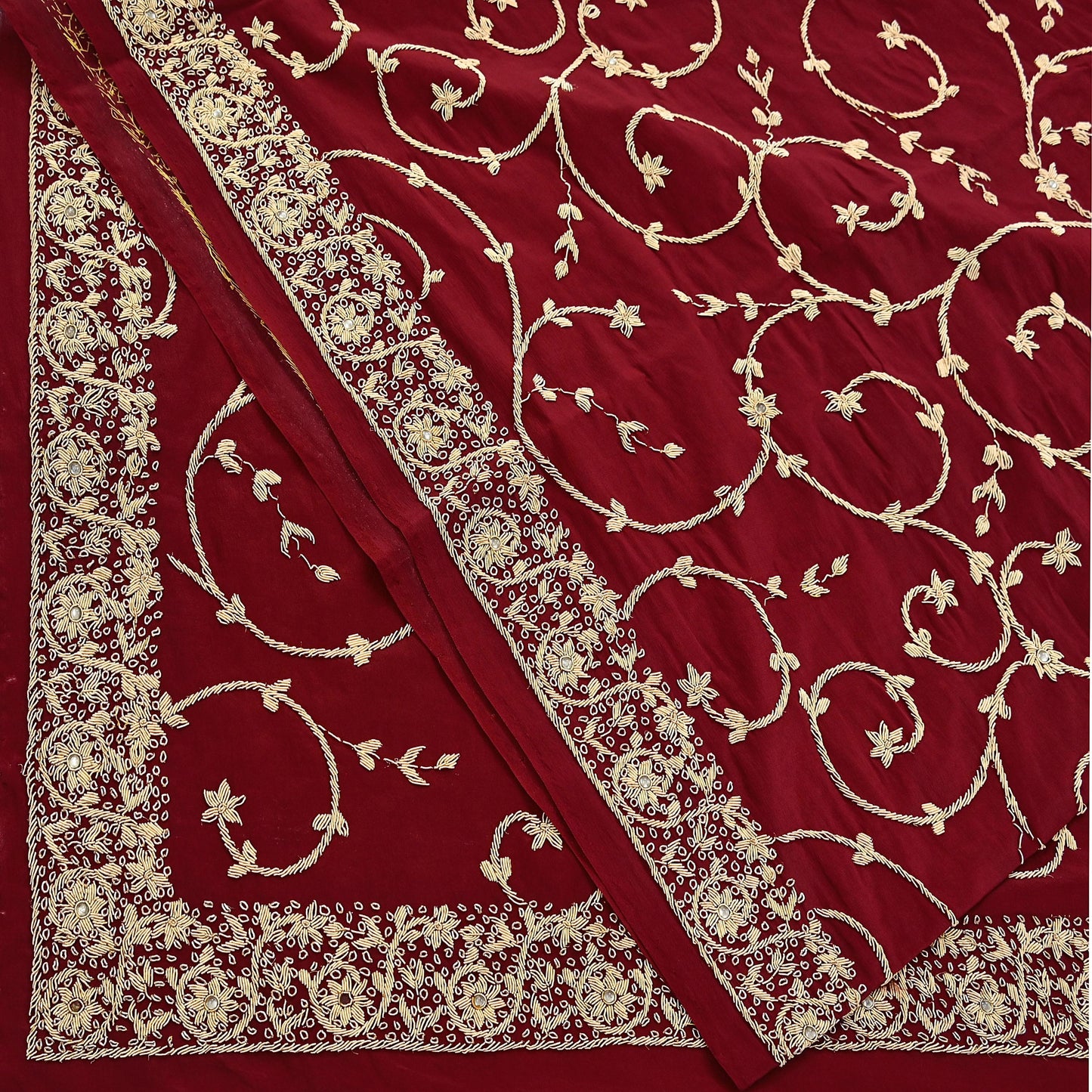 Indian Vintage Heavy Maroon Dupatta Pure Crepe Silk Long Stole Hand Embroidered Scarves Dabka Zardozi Zari Scarves Wedding/ Bridal Veil