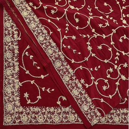Indian Vintage Heavy Maroon Dupatta Pure Crepe Silk Long Stole Hand Embroidered Scarves Dabka Zardozi Zari Scarves Wedding/ Bridal Veil