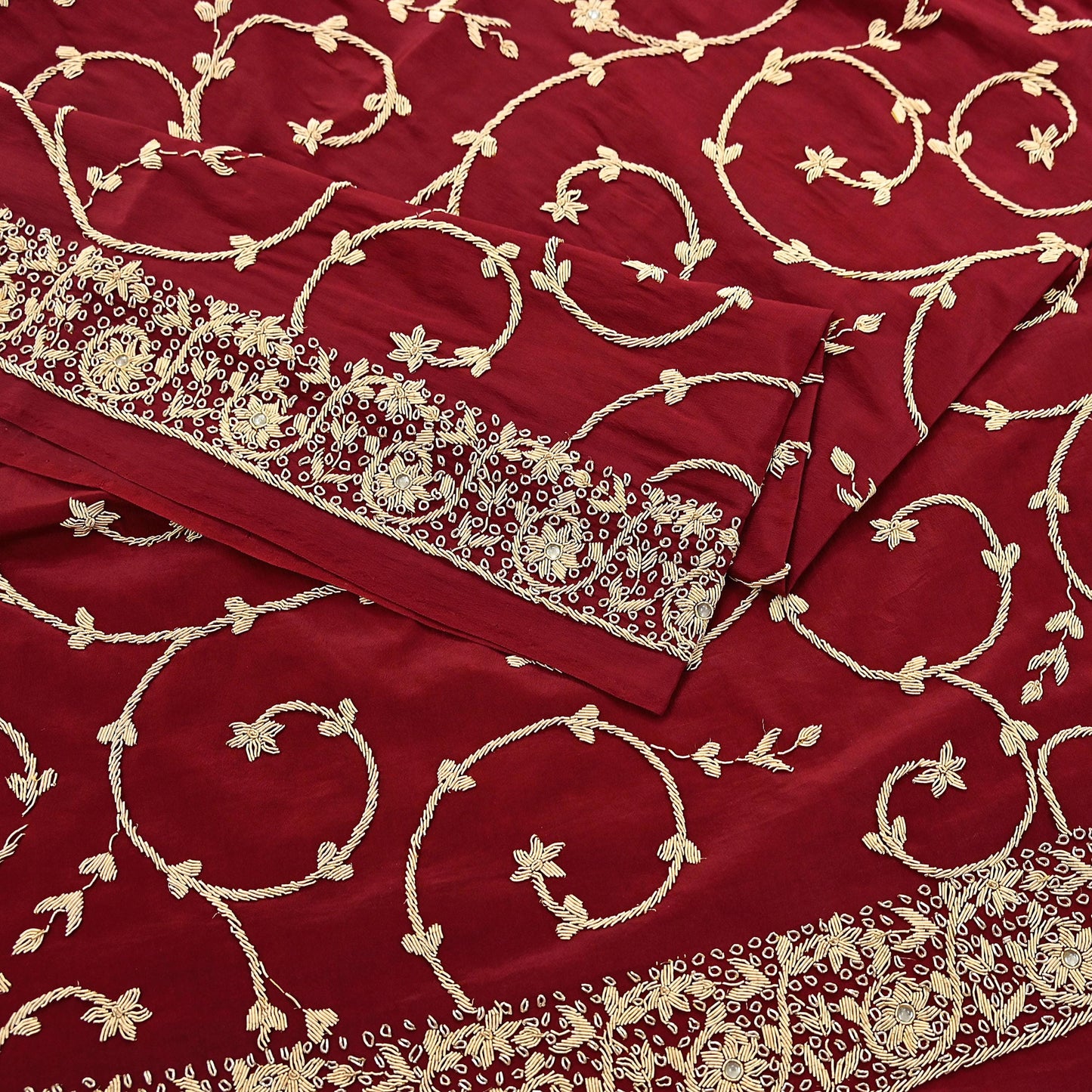 Indian Vintage Heavy Maroon Dupatta Pure Crepe Silk Long Stole Hand Embroidered Scarves Dabka Zardozi Zari Scarves Wedding/ Bridal Veil