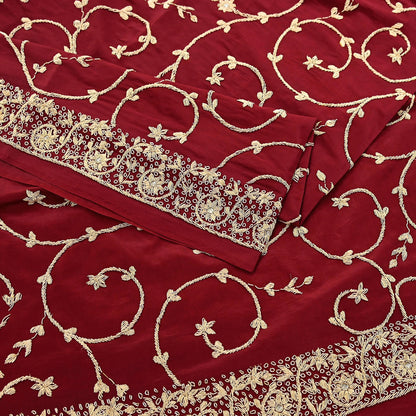 Indian Vintage Heavy Maroon Dupatta Pure Crepe Silk Long Stole Hand Embroidered Scarves Dabka Zardozi Zari Scarves Wedding/ Bridal Veil