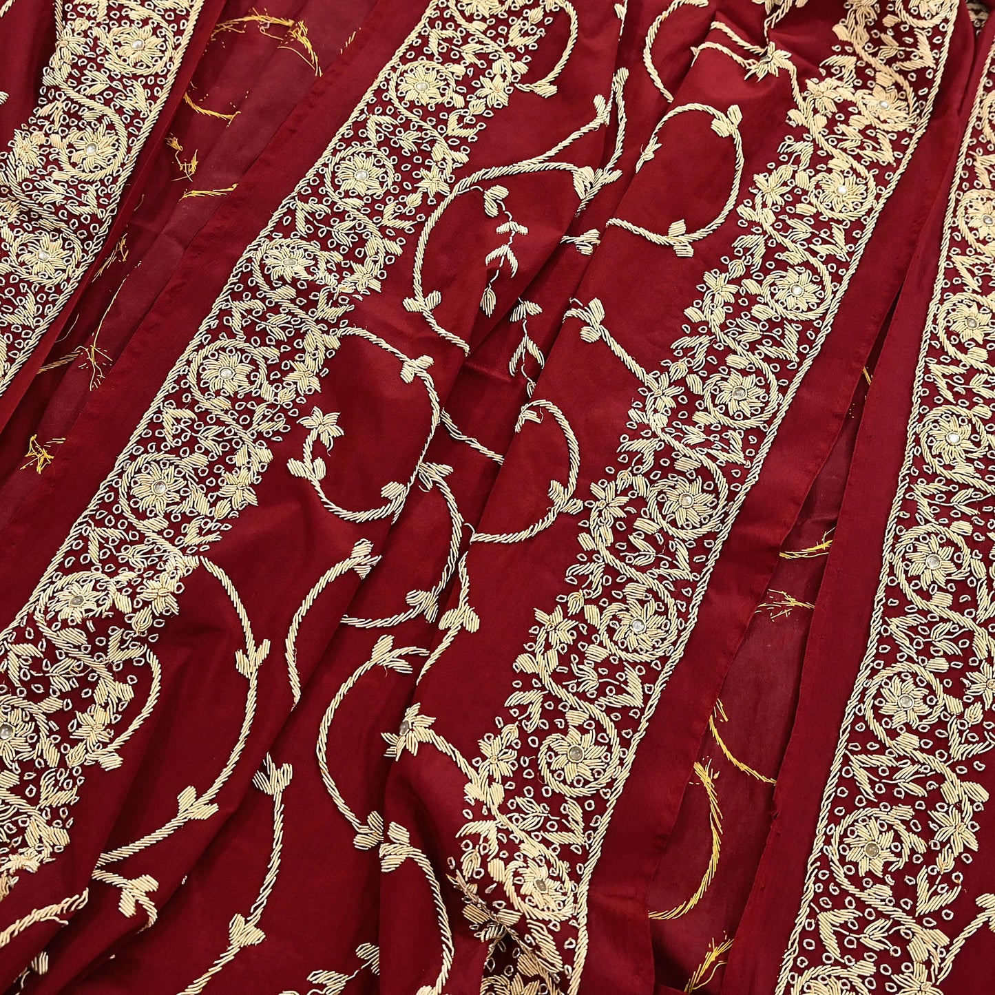 Indian Vintage Heavy Maroon Dupatta Pure Crepe Silk Long Stole Hand Embroidered Scarves Dabka Zardozi Zari Scarves Wedding/ Bridal Veil