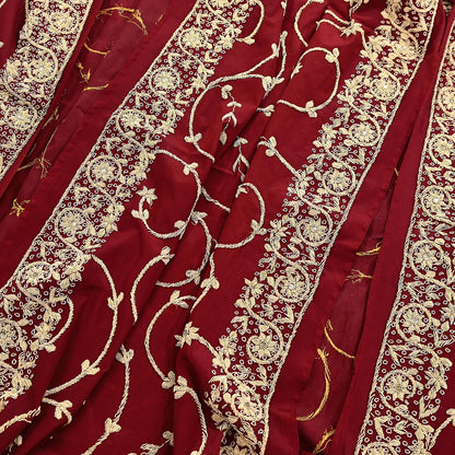 Indian Vintage Heavy Maroon Dupatta Pure Crepe Silk Long Stole Hand Embroidered Scarves Dabka Zardozi Zari Scarves Wedding/ Bridal Veil