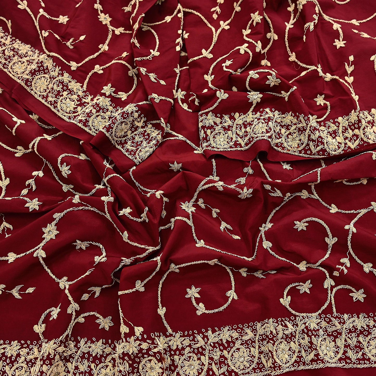 Indian Vintage Heavy Maroon Dupatta Pure Crepe Silk Long Stole Hand Embroidered Scarves Dabka Zardozi Zari Scarves Wedding/ Bridal Veil