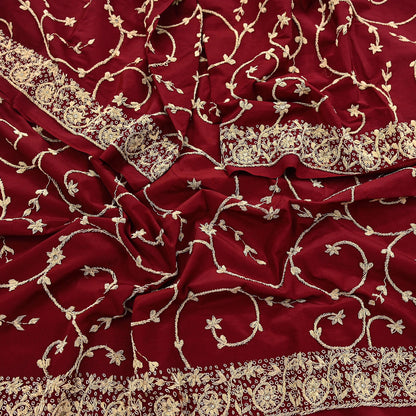 Indian Vintage Heavy Maroon Dupatta Pure Crepe Silk Long Stole Hand Embroidered Scarves Dabka Zardozi Zari Scarves Wedding/ Bridal Veil