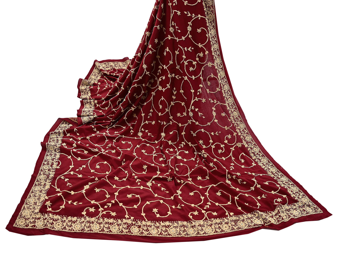 Indian Vintage Heavy Maroon Dupatta Pure Crepe Silk Long Stole Hand Embroidered Scarves Dabka Zardozi Zari Scarves Wedding/ Bridal Veil