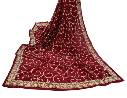 Indian Vintage Heavy Maroon Dupatta Pure Crepe Silk Long Stole Hand Embroidered Scarves Dabka Zardozi Zari Scarves Wedding/ Bridal Veil
