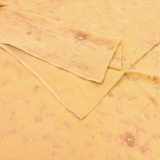 Indian Vintage Yellow Sarees Pure Chiffon Silk Hand Embroidered Sari Fabric 5Yard Dress Making Sewing
