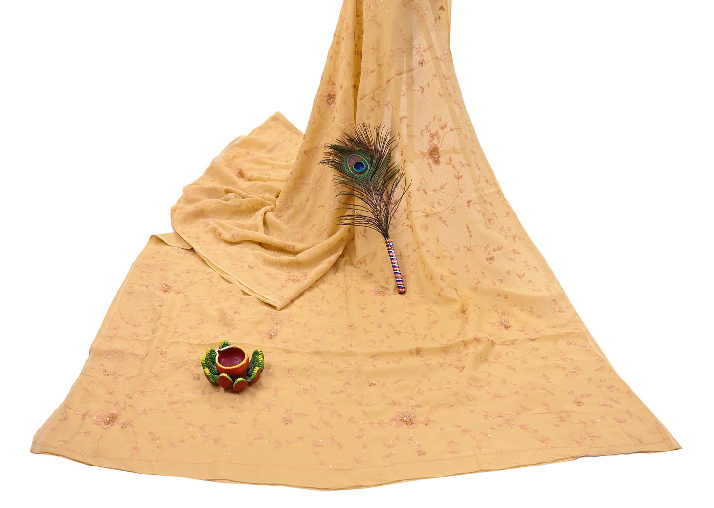 Indian Vintage Yellow Sarees Pure Chiffon Silk Hand Embroidered Sari Fabric 5Yard Dress Making Sewing