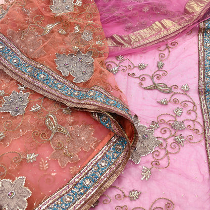 Indian Vintage Heavy Saree Pink & Orange Net/Mesh Hand Embroidered Sari Fabric 5Yd Sewing Soft Zardozi/Dabka Zari Sequins Wedding net sarees
