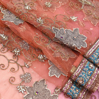 Indian Vintage Heavy Saree Pink & Orange Net/Mesh Hand Embroidered Sari Fabric 5Yd Sewing Soft Zardozi/Dabka Zari Sequins Wedding net sarees