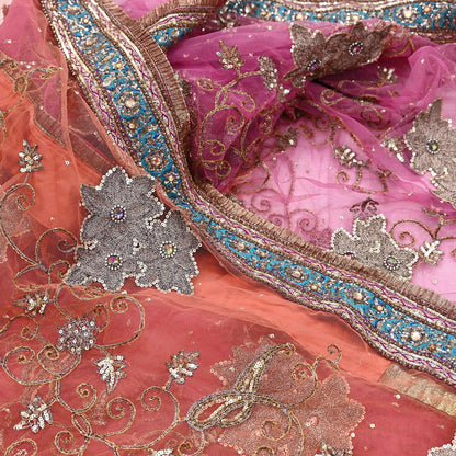 Indian Vintage Heavy Saree Pink & Orange Net/Mesh Hand Embroidered Sari Fabric 5Yd Sewing Soft Zardozi/Dabka Zari Sequins Wedding net sarees