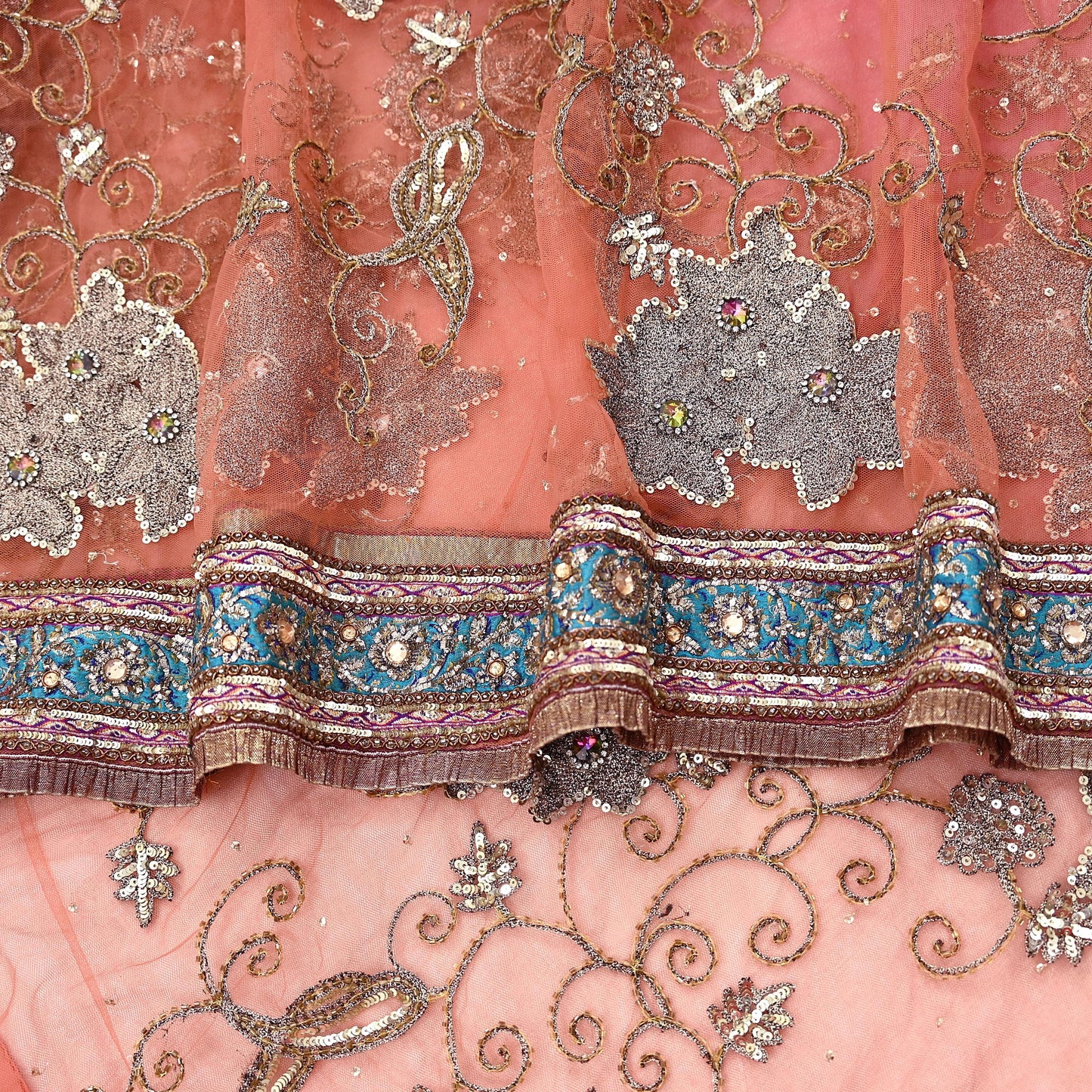 Indian Vintage Heavy Saree Pink & Orange Net/Mesh Hand Embroidered Sari Fabric 5Yd Sewing Soft Zardozi/Dabka Zari Sequins Wedding net sarees