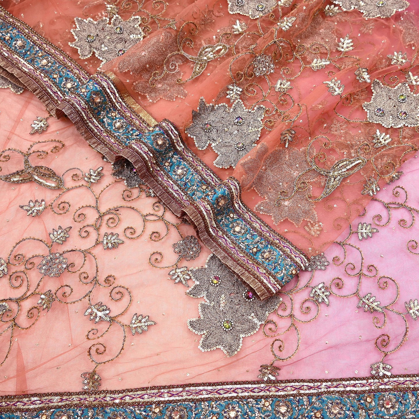 Indian Vintage Heavy Saree Pink & Orange Net/Mesh Hand Embroidered Sari Fabric 5Yd Sewing Soft Zardozi/Dabka Zari Sequins Wedding net sarees