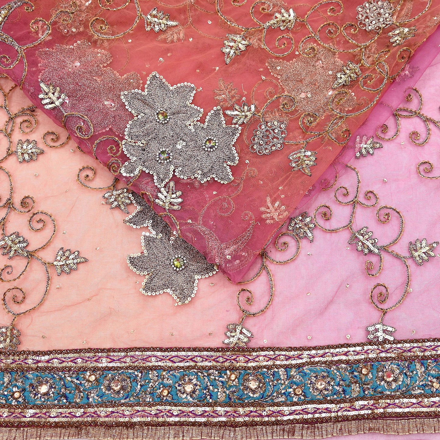 Indian Vintage Heavy Saree Pink & Orange Net/Mesh Hand Embroidered Sari Fabric 5Yd Sewing Soft Zardozi/Dabka Zari Sequins Wedding net sarees