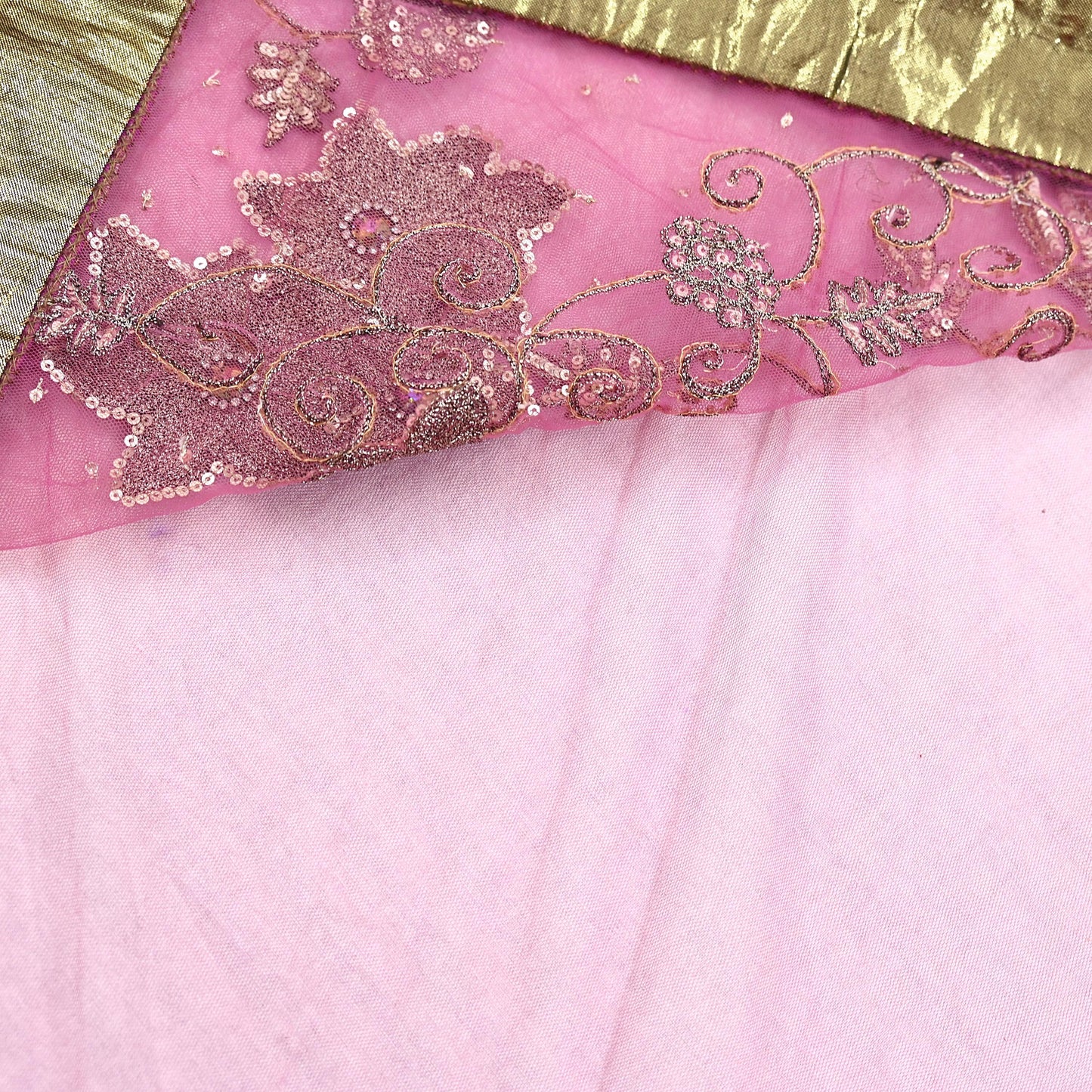 Indian Vintage Heavy Saree Pink & Orange Net/Mesh Hand Embroidered Sari Fabric 5Yd Sewing Soft Zardozi/Dabka Zari Sequins Wedding net sarees