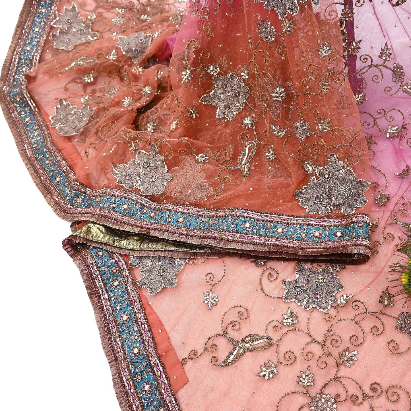 Indian Vintage Heavy Saree Pink & Orange Net/Mesh Hand Embroidered Sari Fabric 5Yd Sewing Soft Zardozi/Dabka Zari Sequins Wedding net sarees