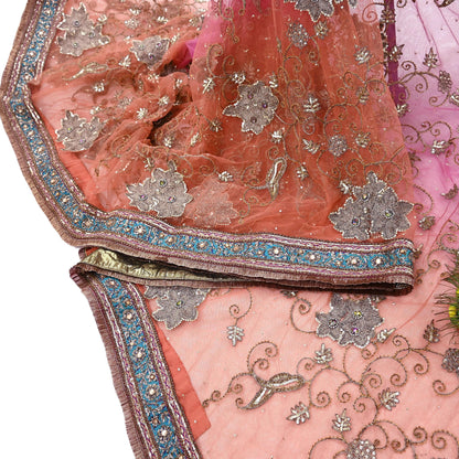 Indian Vintage Heavy Saree Pink & Orange Net/Mesh Hand Embroidered Sari Fabric 5Yd Sewing Soft Zardozi/Dabka Zari Sequins Wedding net sarees