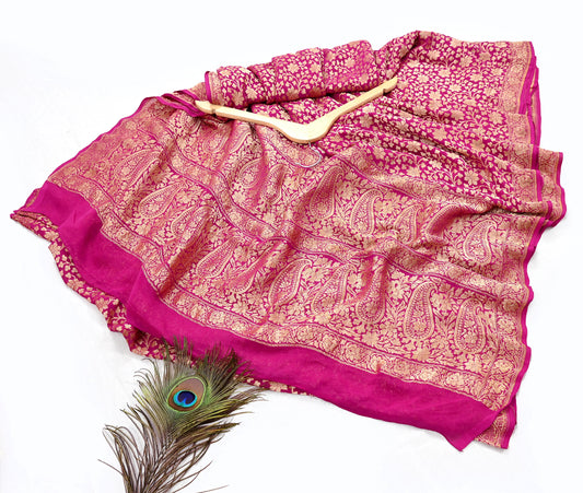Antique Vintage Magenta Saree Pure Georgette Silk Hand Woven Banarasi Sari Craft Fabric 5Yd Sewing Soft Ethnic Zari Dress Making