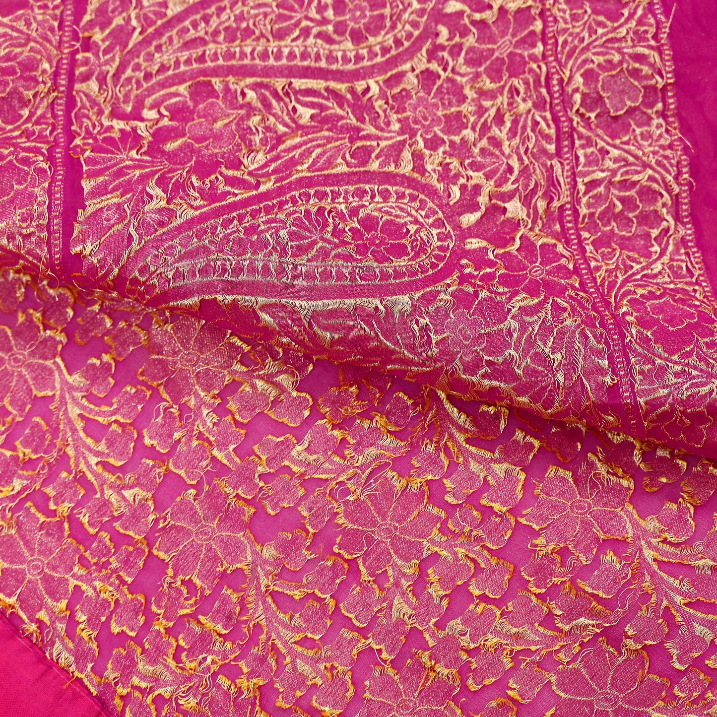 Antique Vintage Magenta Saree Pure Georgette Silk Hand Woven Banarasi Sari Craft Fabric 5Yd Sewing Soft Ethnic Zari Dress Making