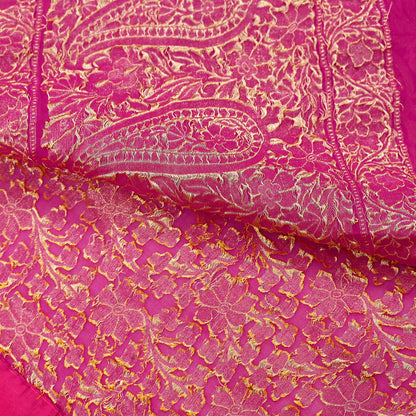 Antique Vintage Magenta Saree Pure Georgette Silk Hand Woven Banarasi Sari Craft Fabric 5Yd Sewing Soft Ethnic Zari Dress Making