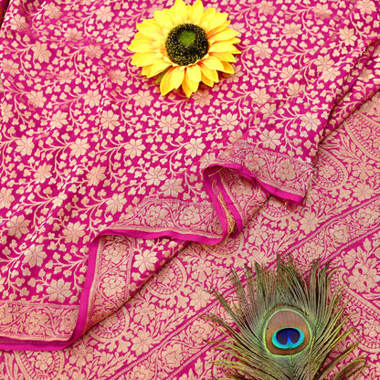 Antique Vintage Magenta Saree Pure Georgette Silk Hand Woven Banarasi Sari Craft Fabric 5Yd Sewing Soft Ethnic Zari Dress Making